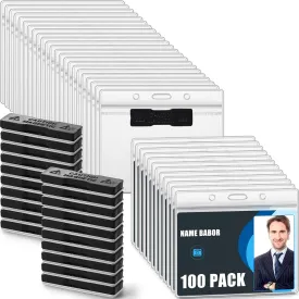100 Pack Magnetic Name Badge Holders Kit 4.5 x 3.9, Clear PVC Horizontal Card Tag Waterproof Name Badge Bank ID Card Protector for Conventions Exhibitors Events Immunization Record
