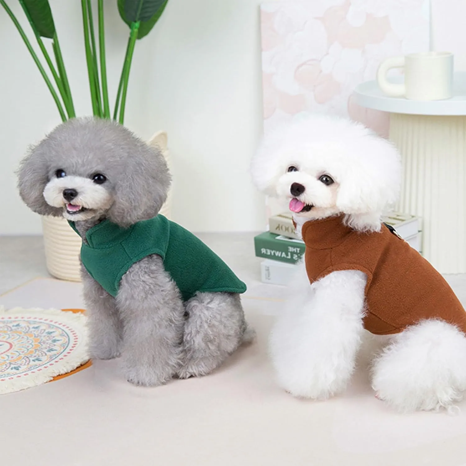 2 Pack Dog Sweater Fleece Vest Pet Warm Pullover Fleece Jacket with D-Ring, Fall Winter Dog Clothes Cold Weather Coat for Puppy and Small Dogs Unisex (Green Brown, Medium)