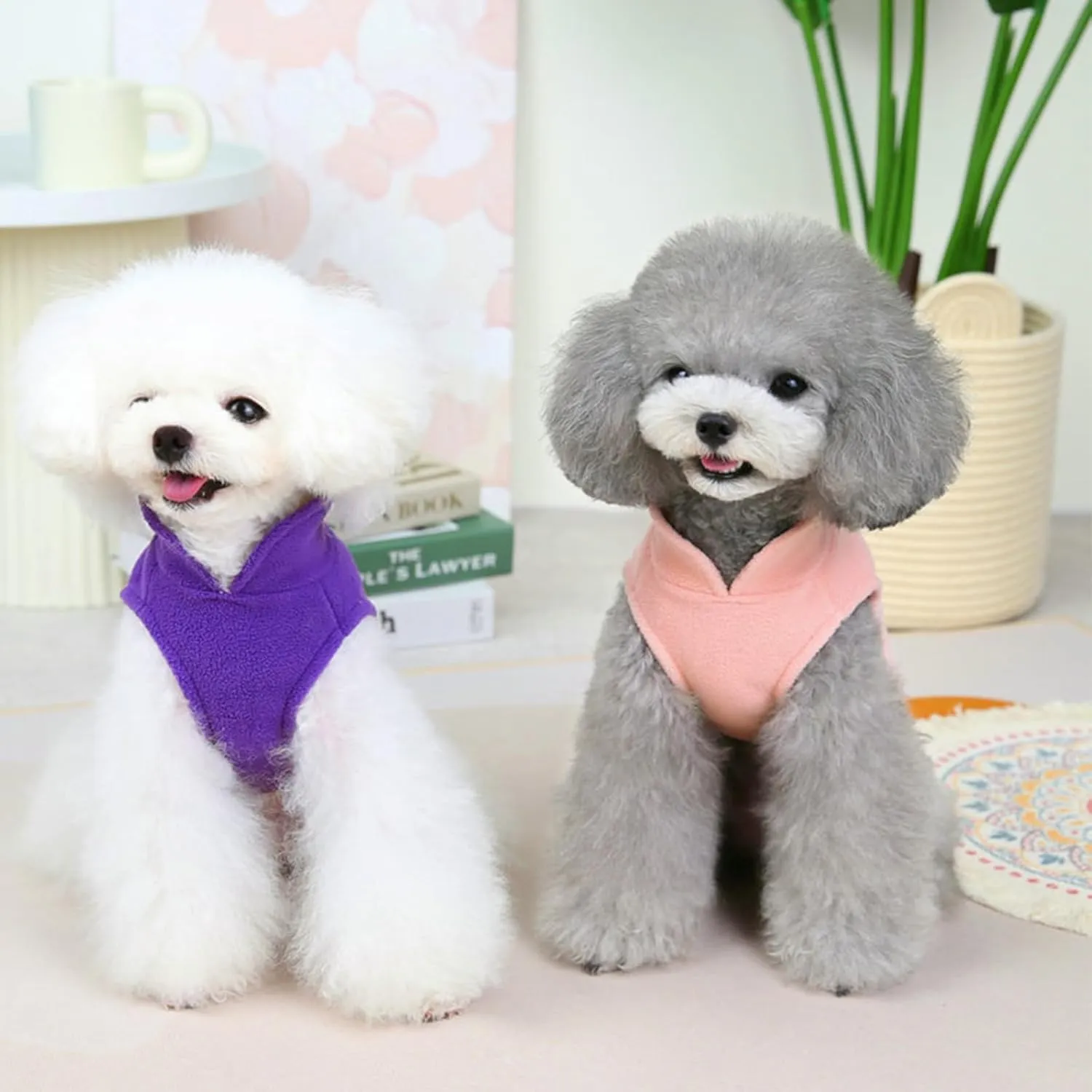 2 Pack Dog Sweater Fleece Vest Pet Warm Pullover Fleece Jacket with D-Ring, Fall Winter Dog Clothes Cold Weather Coat for Puppy and Small Dogs Unisex (Pink Purple, Medium)