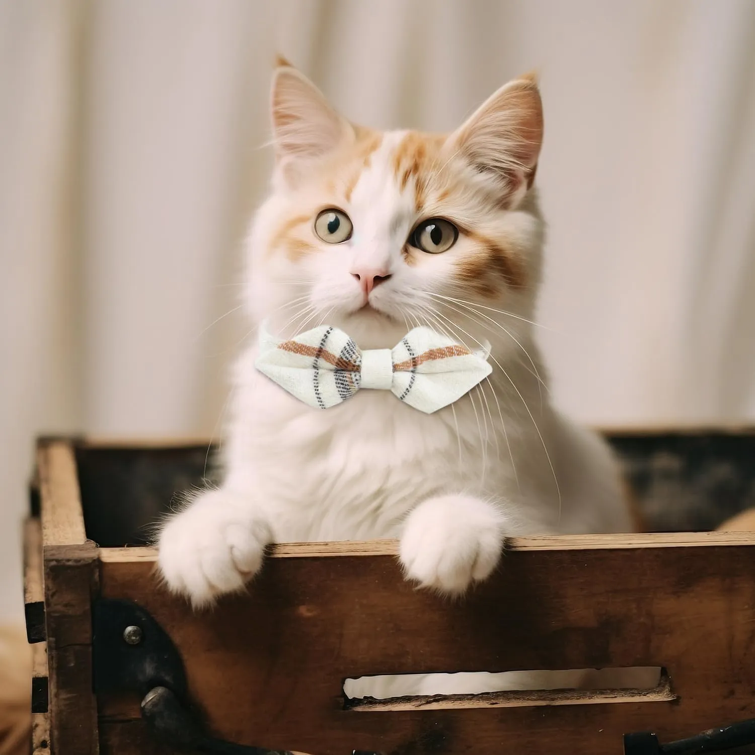 2 Pack Upgraded Breakaway Cat Collar with Bow Tie and Bell, Adjustable Cute Plaid Cotton Kitten Collar for Male and Female Cats and Small Dogs(Beige)