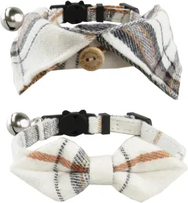 2 Pack Upgraded Breakaway Cat Collar with Bow Tie and Bell, Adjustable Cute Plaid Cotton Kitten Collar for Male and Female Cats and Small Dogs(Beige)
