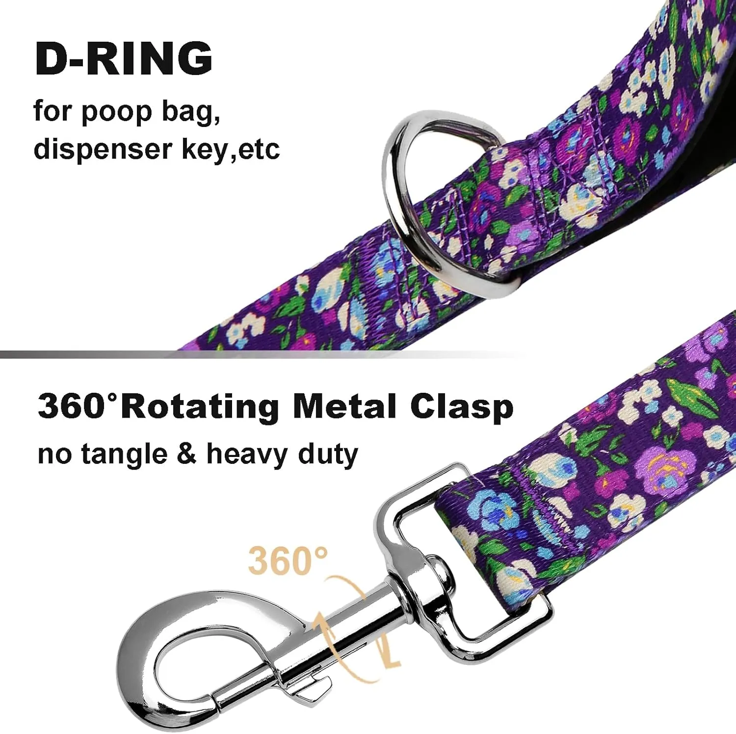 6ft Dog Leash with Two Padded Handles, Cute Girl Dog Leash with Soft Dual Handle, Walking Training Lead for Medium and Large Dogs, Purple Floral
