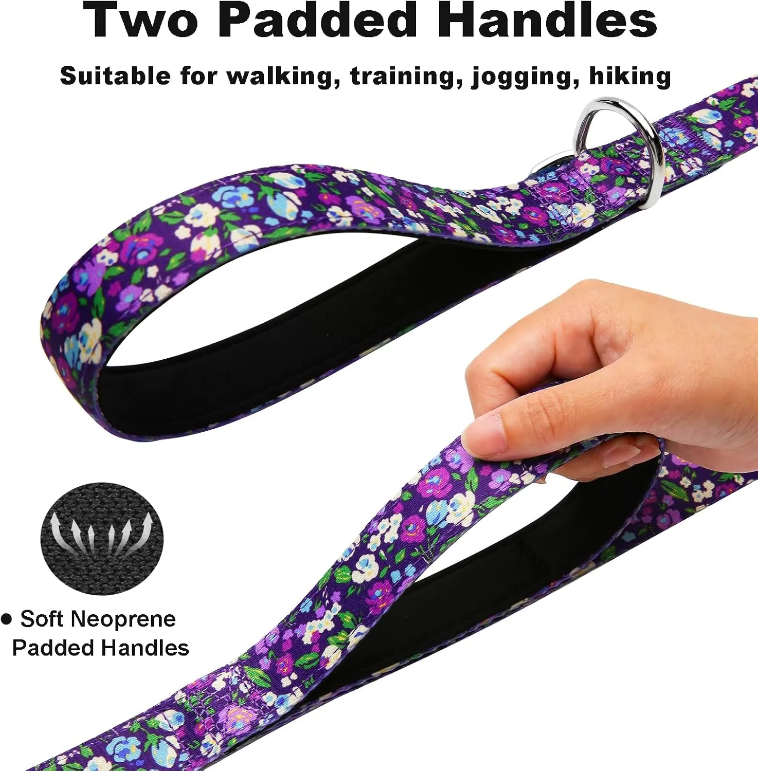 6ft Dog Leash with Two Padded Handles, Cute Girl Dog Leash with Soft Dual Handle, Walking Training Lead for Medium and Large Dogs, Purple Floral