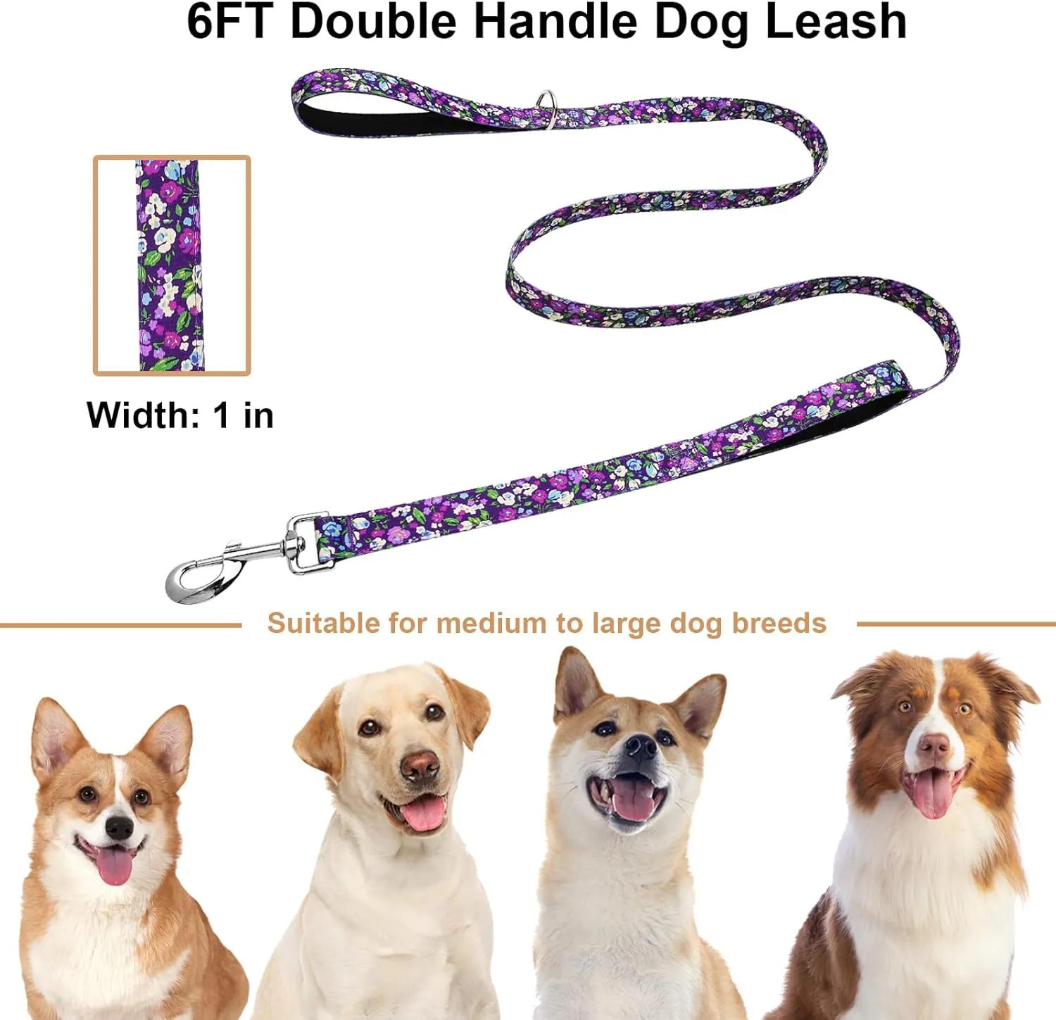 6ft Dog Leash with Two Padded Handles, Cute Girl Dog Leash with Soft Dual Handle, Walking Training Lead for Medium and Large Dogs, Purple Floral