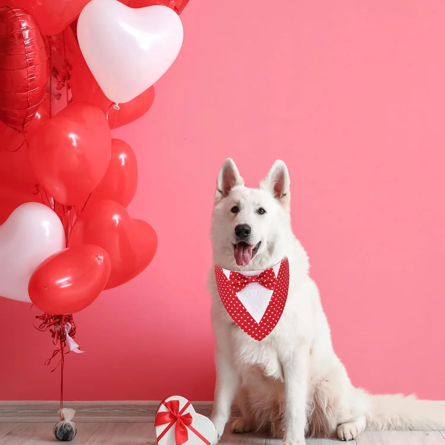 ADOGGYGO Valentine Dog Tuxedo Bandana, Red Heart Pet Tux with Bowtie Adjustable Valentine Costume for Medium Large Dogs Pets (L)