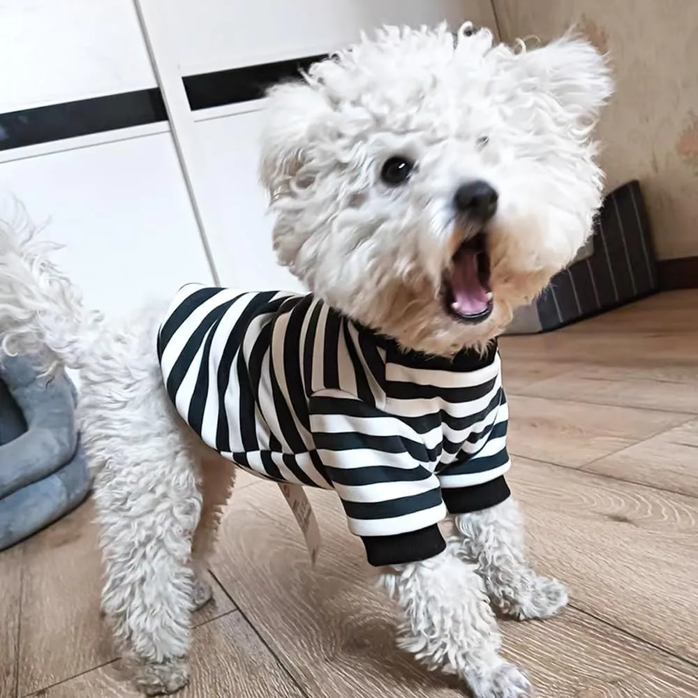 Autumn Dog Hoodies with Leash Ring Warm Striped Puppy Shirt for Small Dog Girl Boy Cat Sweater Winter Pet Clothes Pomeranian Chihuahua Cold Weather Coat (Small, Black)