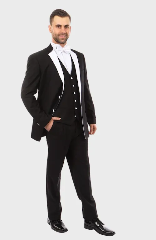 Black with White Lapel 3 Piece Vested Slim Fit Tuxedo
