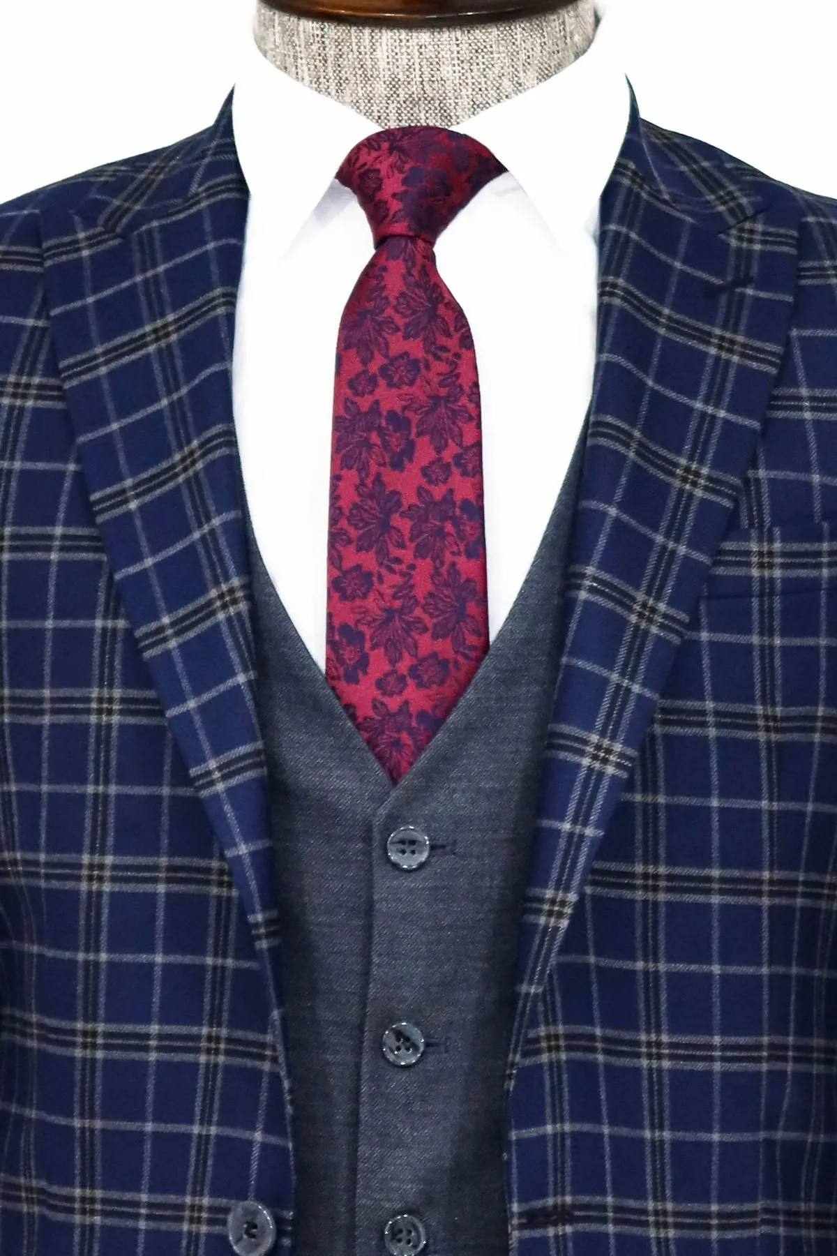 Blue Vested Slim Fit Checked Navy Blue Men Suit and Shirt Combination- Wessi