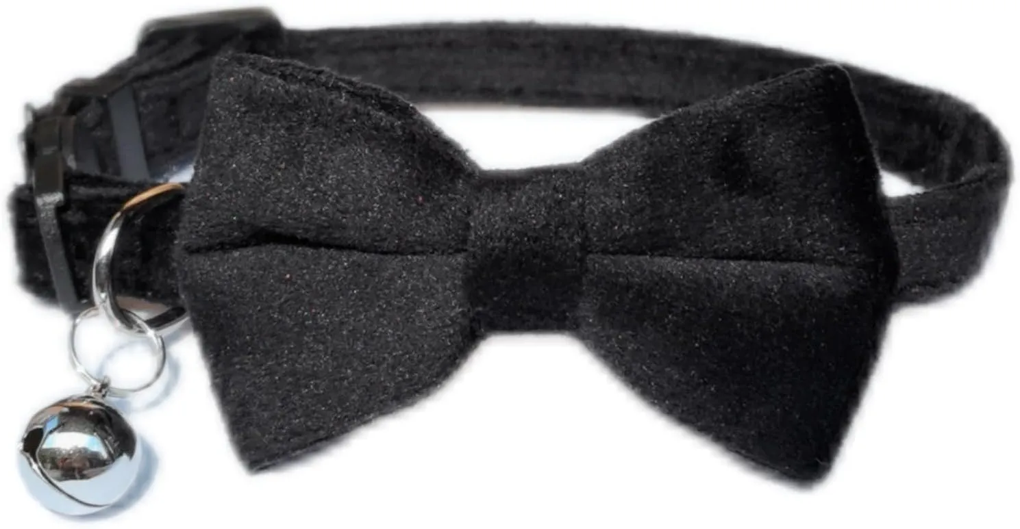 Cat Collar with Bells, Bow Tie Removable, Breakaway Safety Buckle, Soft Velvet Cute, Adjustable for Girl Boy Kitty Kitten Small Pets, 7"-11", Black