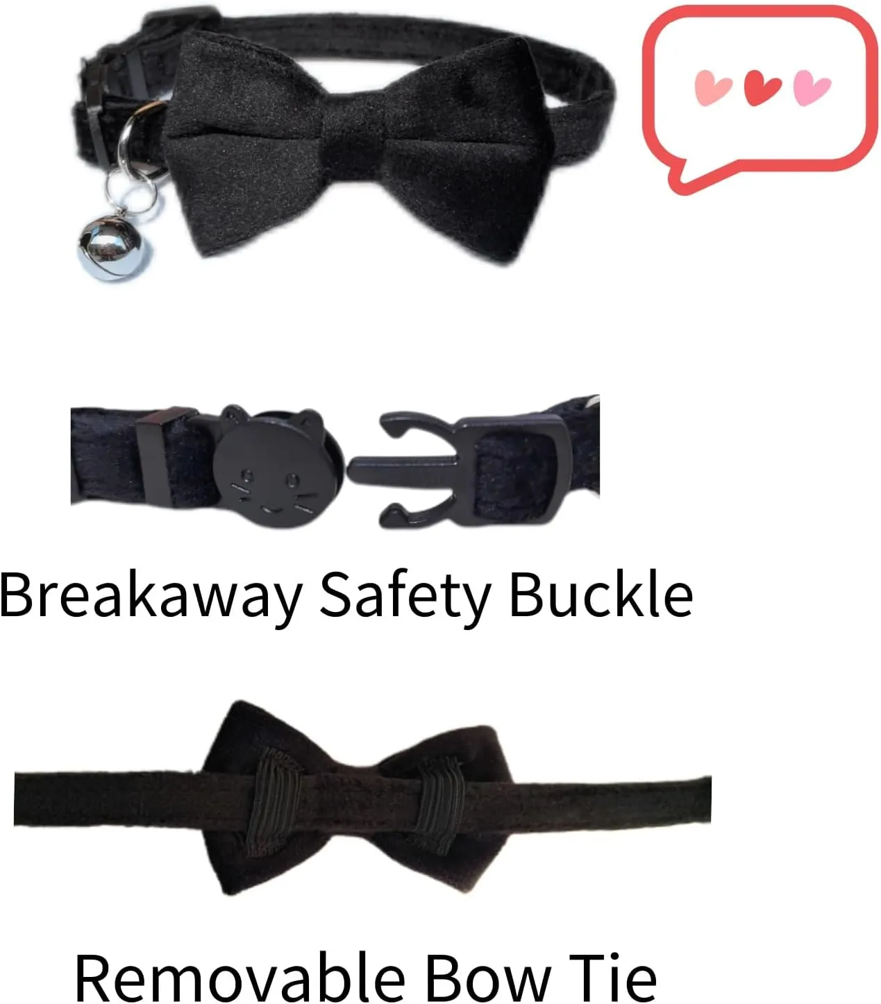 Cat Collar with Bells, Bow Tie Removable, Breakaway Safety Buckle, Soft Velvet Cute, Adjustable for Girl Boy Kitty Kitten Small Pets, 7"-11", Black