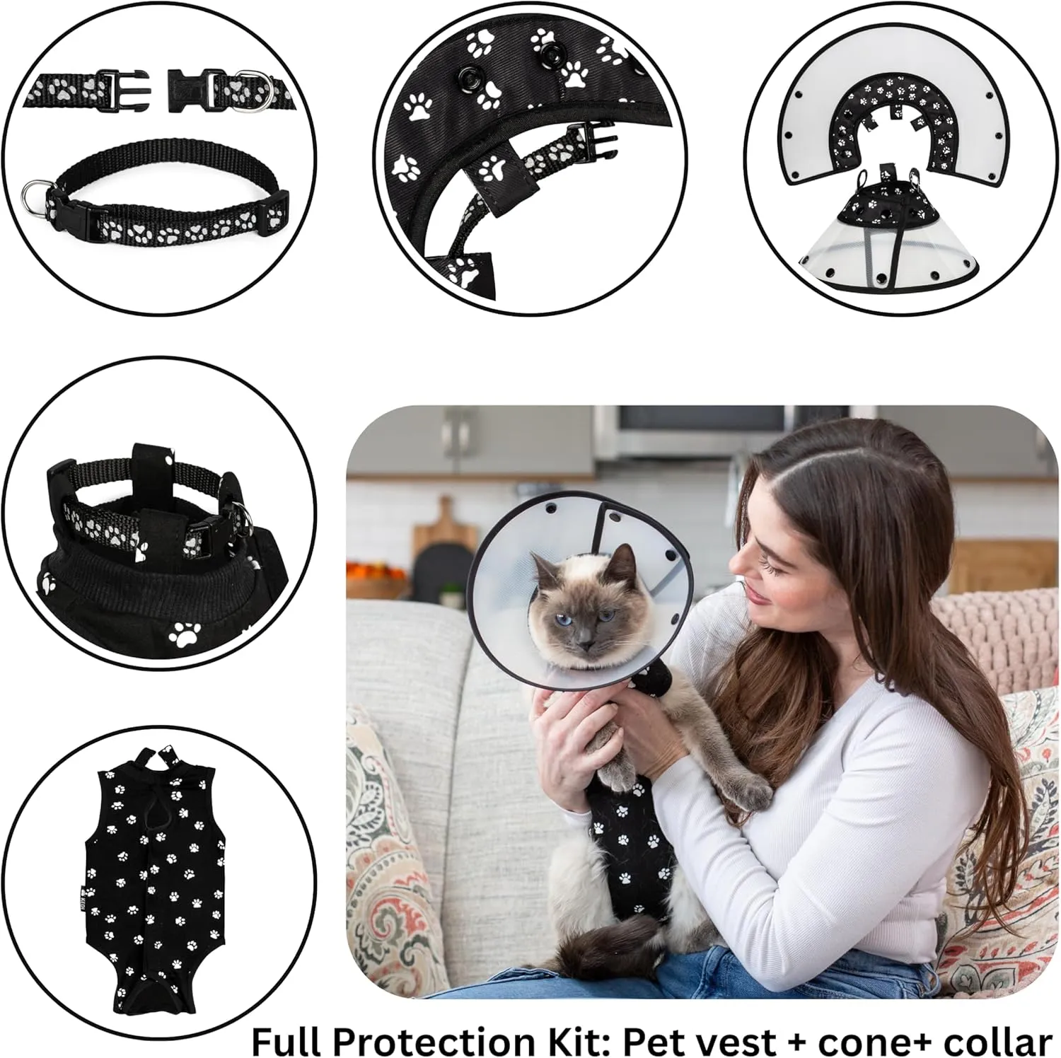 Cat Recovery Suit Kit - Post Surgical Soft Pet Vest, Collar, and Non-Irritating Protection Cone for Cats - Comfortable Injury Care Solution Keeps Them from Licking Wounds - Secure Fit and Washable