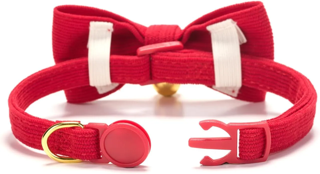 Cotton Breakaway Cat Collar with Bow Tie and Bell, Adjustable Cute Soft Corduroy Kitten Collars for Girl and Boy Cats,Red