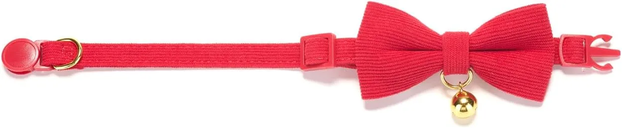 Cotton Breakaway Cat Collar with Bow Tie and Bell, Adjustable Cute Soft Corduroy Kitten Collars for Girl and Boy Cats,Red