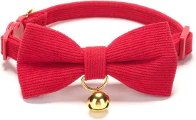 Cotton Breakaway Cat Collar with Bow Tie and Bell, Adjustable Cute Soft Corduroy Kitten Collars for Girl and Boy Cats,Red