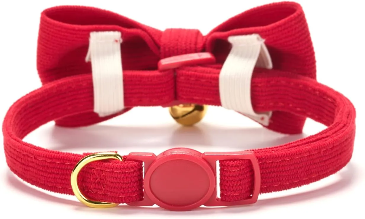 Cotton Breakaway Cat Collar with Bow Tie and Bell, Adjustable Cute Soft Corduroy Kitten Collars for Girl and Boy Cats,Red