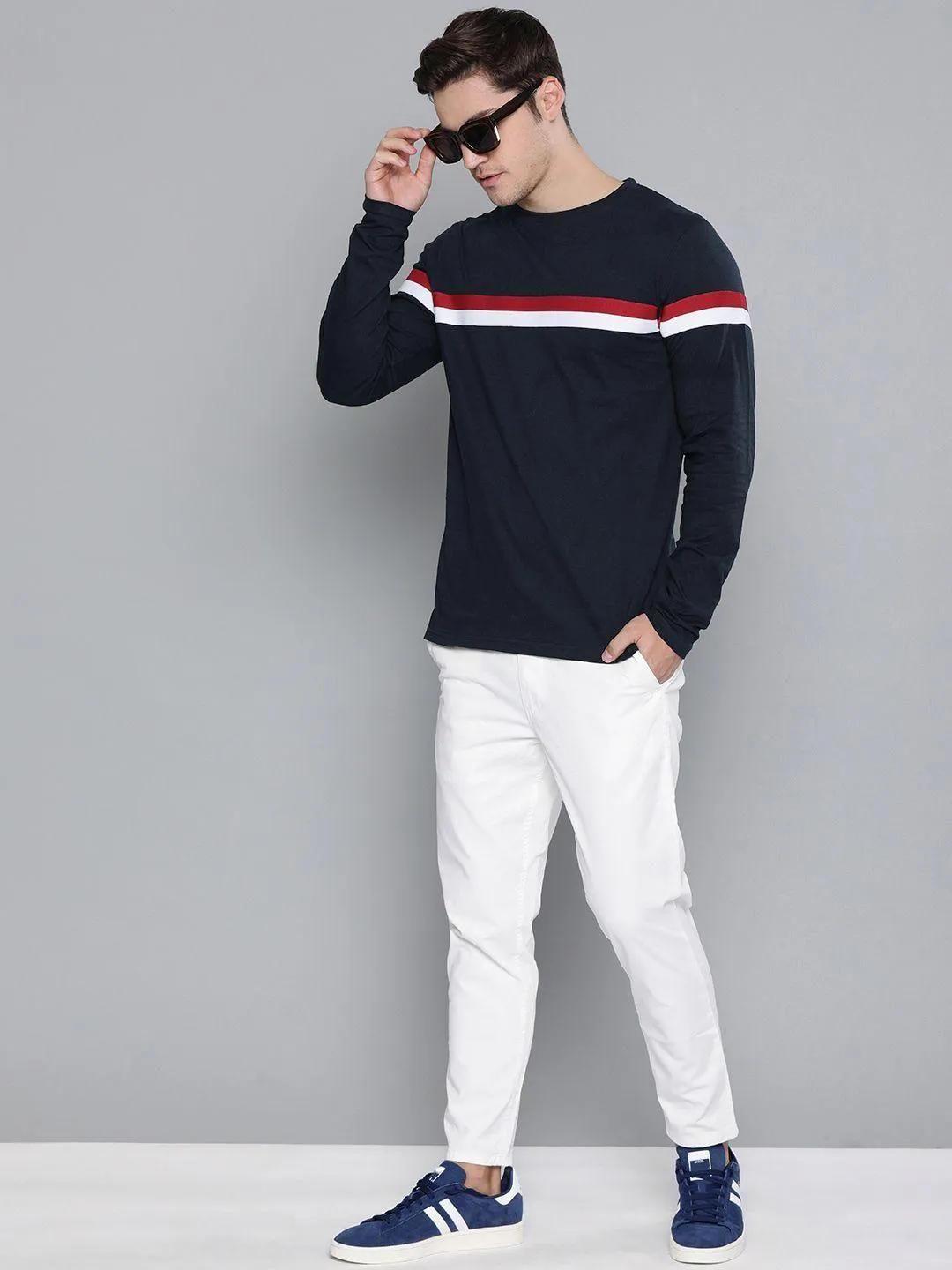 Cotton Solid With Striped Full Sleeves T-Shirt