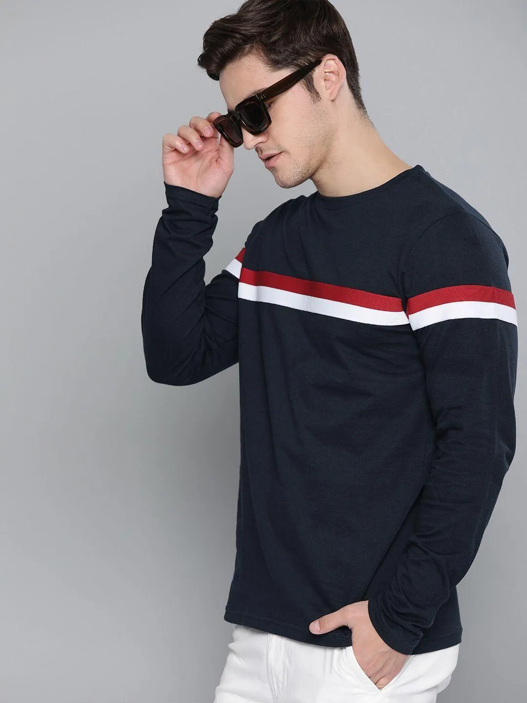 Cotton Solid With Striped Full Sleeves T-Shirt