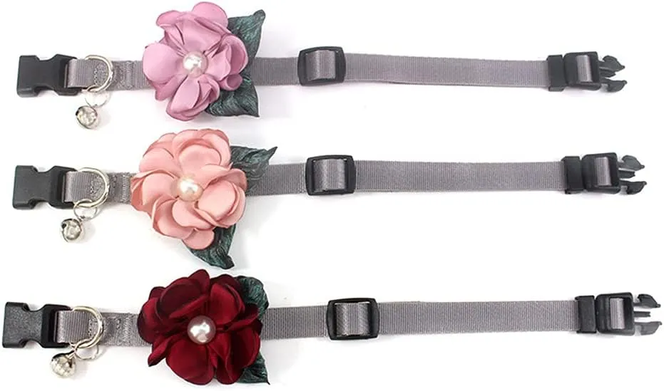 Daisy Female Dog Collar - Detachable Flower Cat Collar for Girl Cats with Bell Pearl Pistil Green Leaf - Soft Nylon Pet Collar for Medium Dogs Girl (Purple Collar and Leash, Size M)