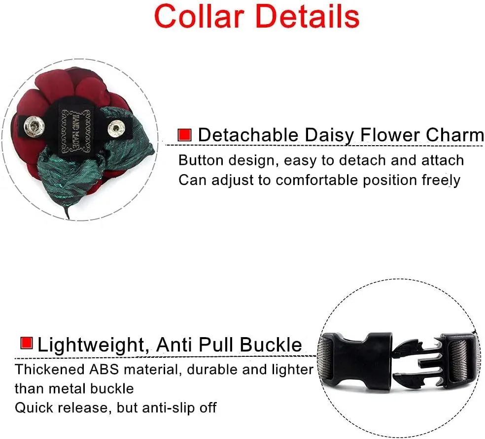 Daisy Female Dog Collar - Detachable Flower Cat Collar for Girl Cats with Bell Pearl Pistil Green Leaf - Soft Nylon Pet Collar for Medium Dogs Girl (Purple Collar and Leash, Size M)