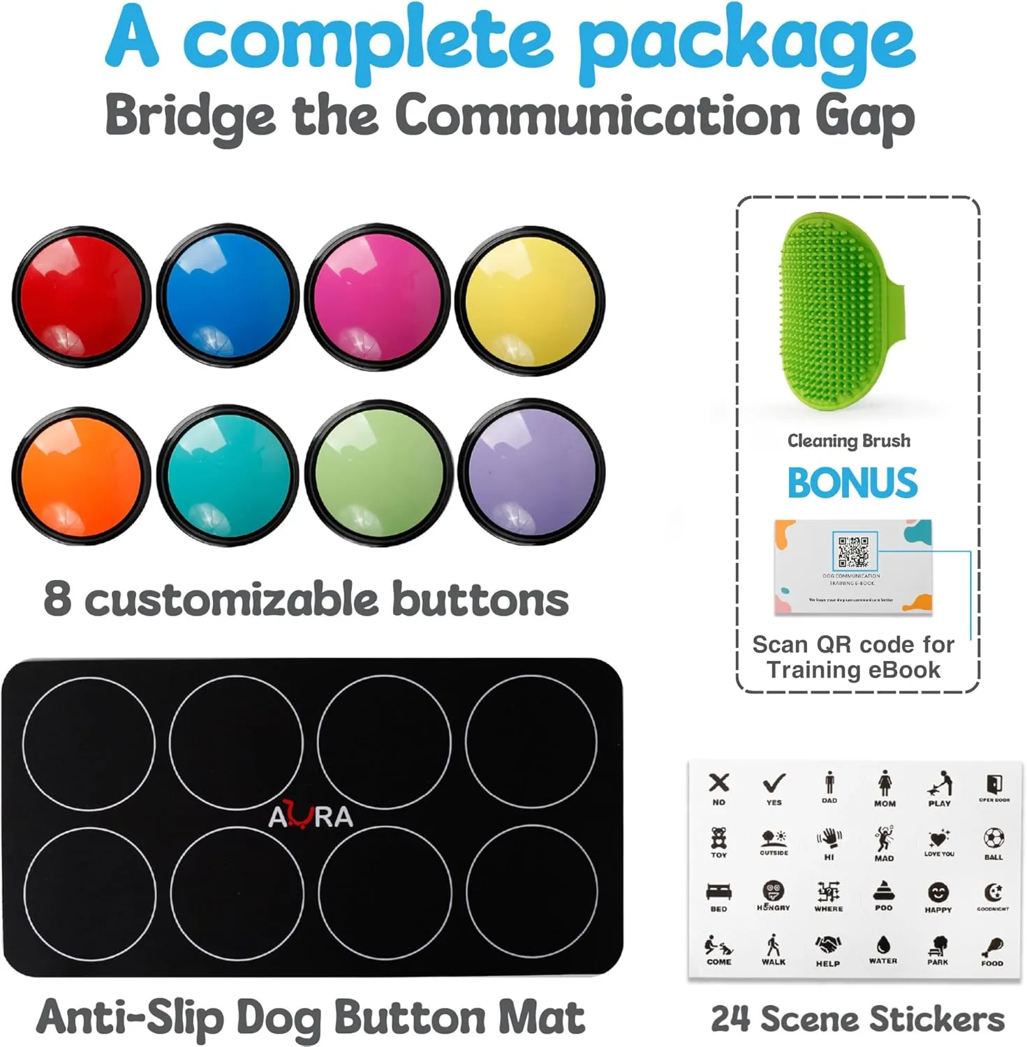 Dog Buttons for Communication with Mat, HD Sound Quality Dog Talking Button Set  Non-Slip Back Mat, Dog Buttons Talk for Training, Pet Talking Buttons for Dog (Pack of 8)