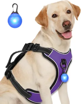 Dog Harness Purple No Pull Y Shaped for Medium Sized Dog, Small to Large Dogs Reflective Adjustable Easy Walk Puppy Harnesses,Heavy Duty Girl Boy Pet Vest 3 Buckle with Handle & Light,L