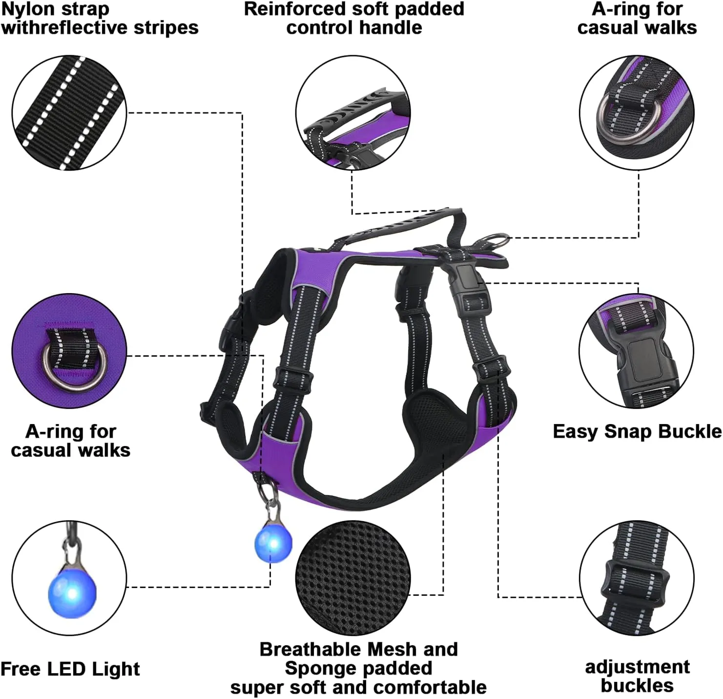 Dog Harness Purple No Pull Y Shaped for Medium Sized Dog, Small to Large Dogs Reflective Adjustable Easy Walk Puppy Harnesses,Heavy Duty Girl Boy Pet Vest 3 Buckle with Handle & Light,L