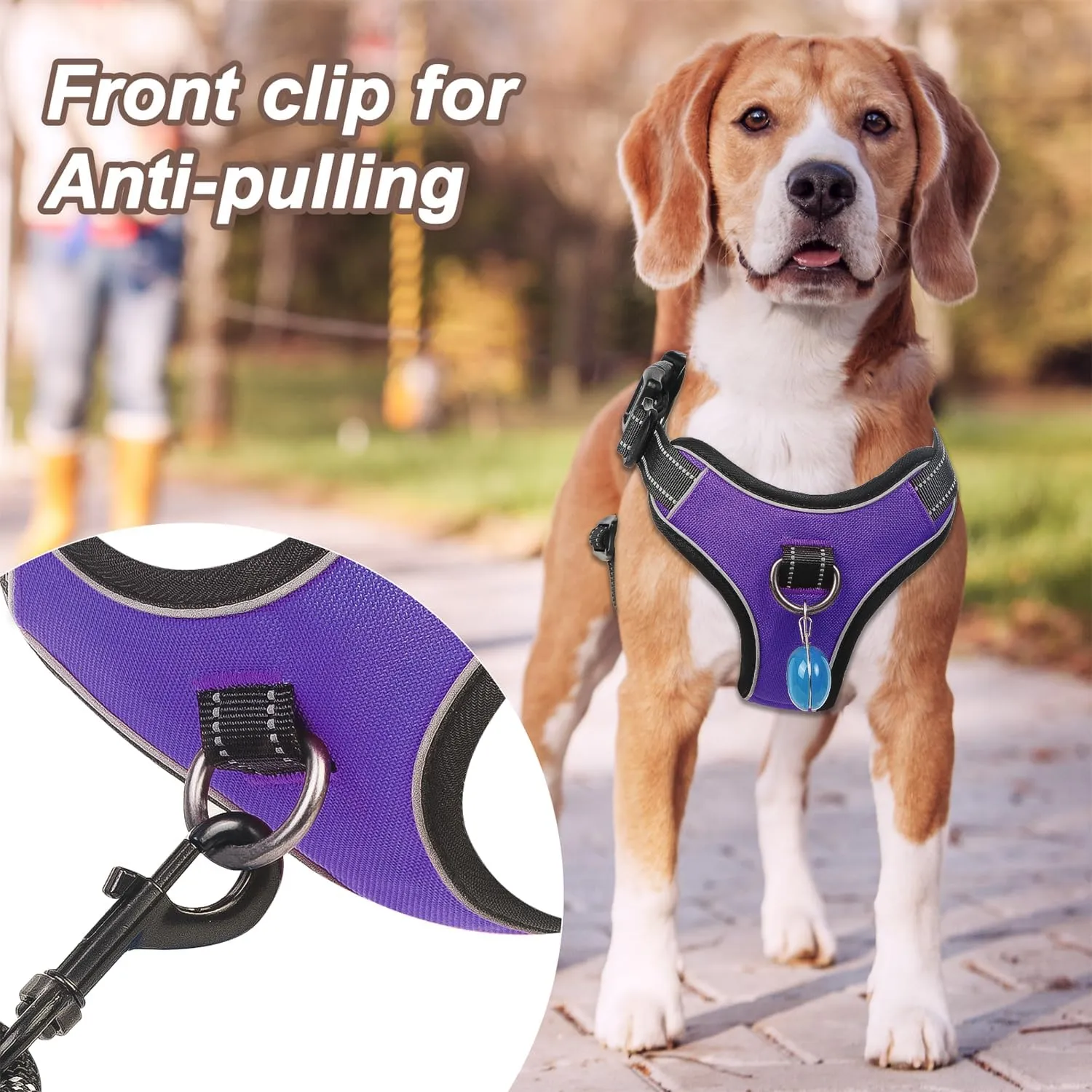 Dog Harness Purple No Pull Y Shaped for Medium Sized Dog, Small to Large Dogs Reflective Adjustable Easy Walk Puppy Harnesses,Heavy Duty Girl Boy Pet Vest 3 Buckle with Handle & Light,L
