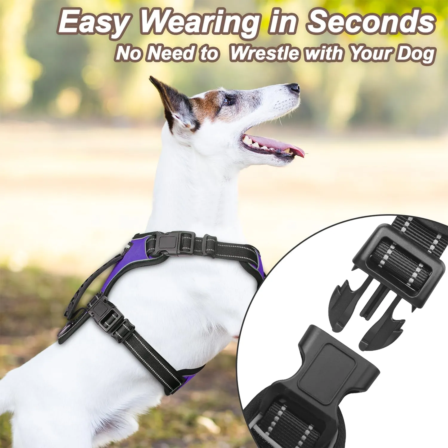 Dog Harness Purple No Pull Y Shaped for Medium Sized Dog, Small to Large Dogs Reflective Adjustable Easy Walk Puppy Harnesses,Heavy Duty Girl Boy Pet Vest 3 Buckle with Handle & Light,L