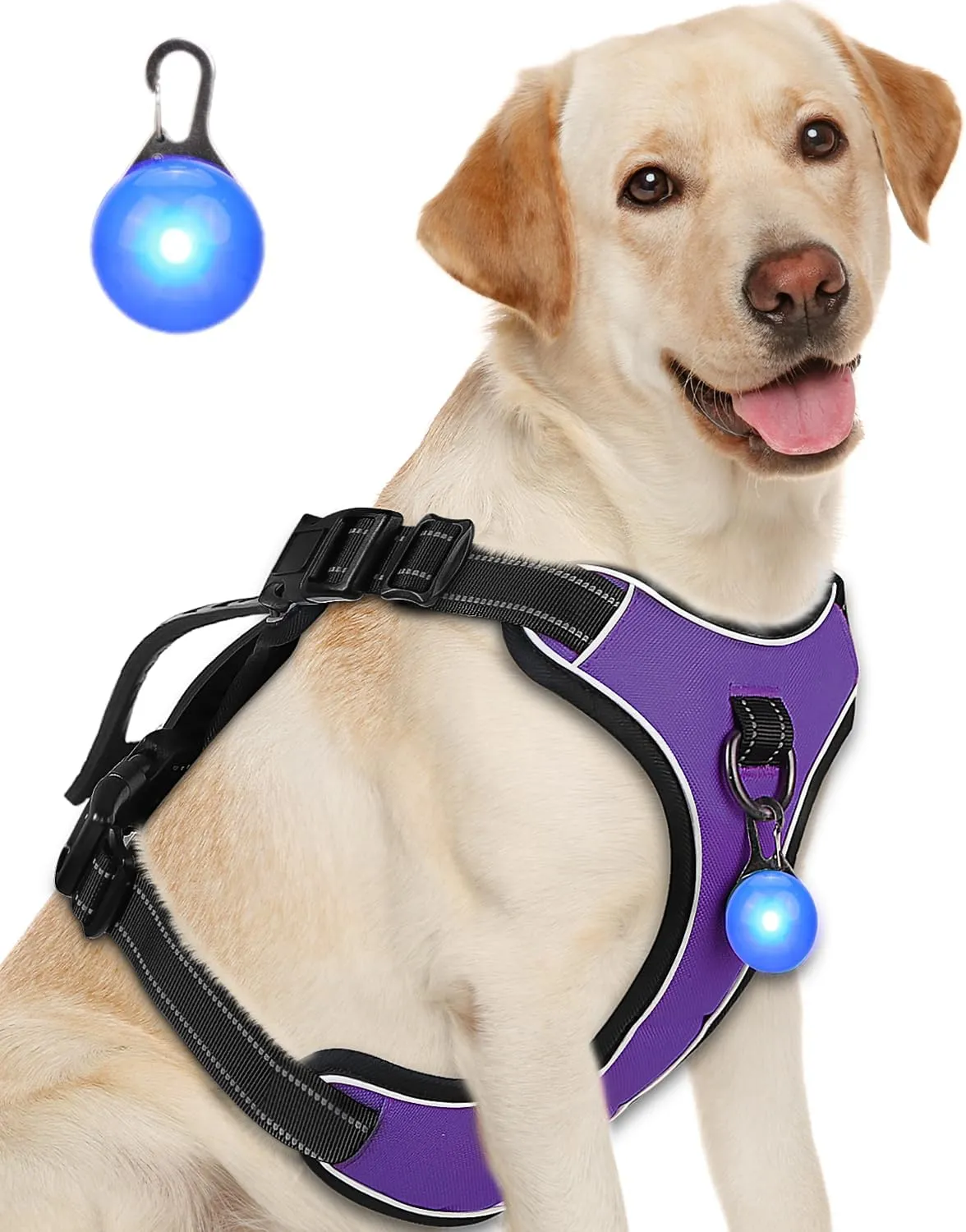 Dog Harness Purple No Pull Y Shaped for Medium Sized Dog, Small to Large Dogs Reflective Adjustable Easy Walk Puppy Harnesses,Heavy Duty Girl Boy Pet Vest 3 Buckle with Handle & Light,L