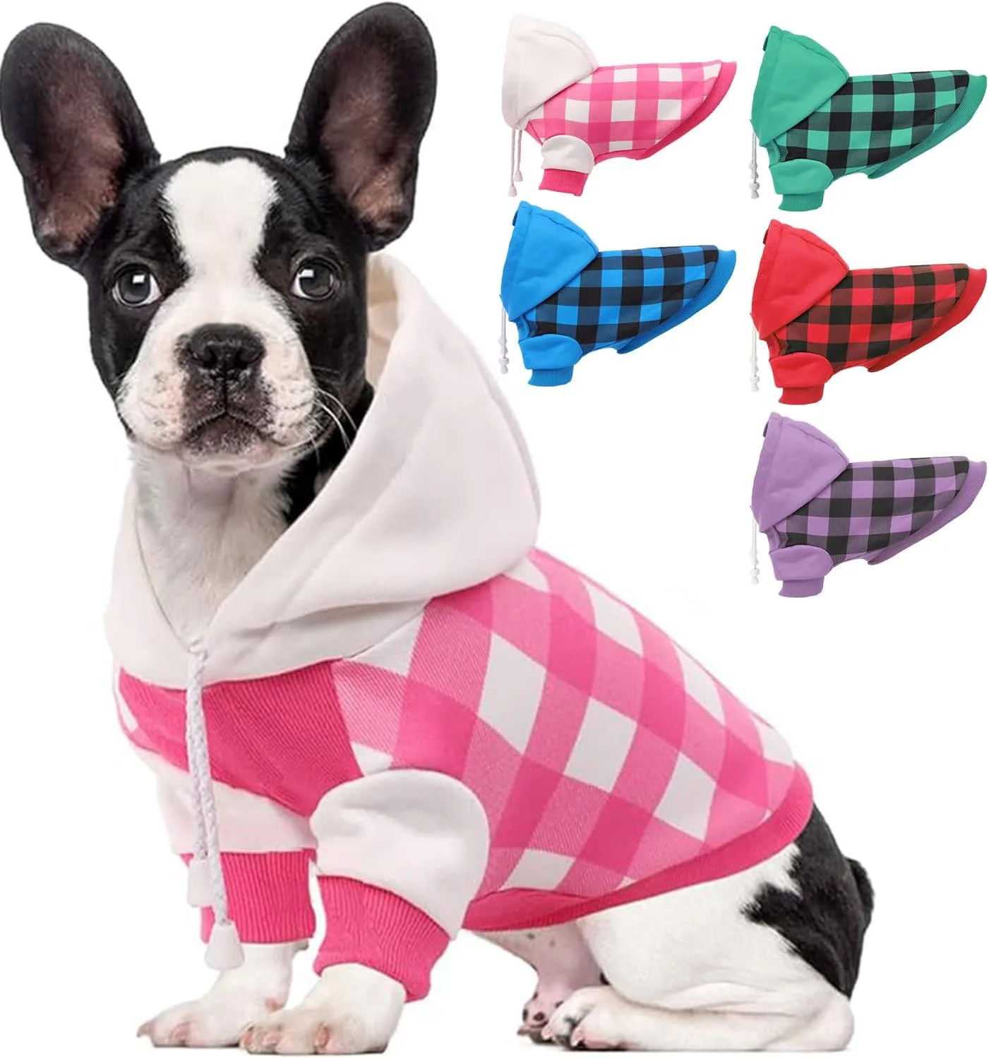Dog Hoodie for Small Medium Dogs Cats, Soft Dog Sweatshirt, Plaid Puppy Pullover Hoodies for Small Dogs, English French Bulldog Hoodie, Warm Fleece Dog Winter Coat Outfit Vest