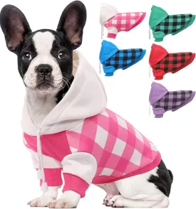 Dog Hoodie for Small Medium Dogs Cats, Soft Dog Sweatshirt, Plaid Puppy Pullover Hoodies for Small Dogs, English French Bulldog Hoodie, Warm Fleece Dog Winter Coat Outfit Vest