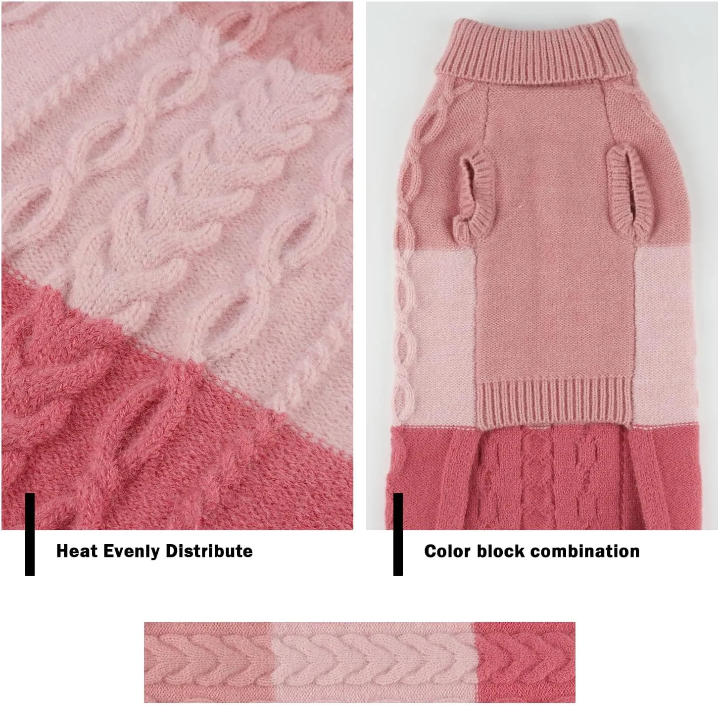 Dog Knitted Turtleneck Sweater - Dog Warm Pullover Color Block Cable Knitwear, Doggie Winter Clothes for Cats and Small Dogs Chihuahua, Bulldog (Pink, M)