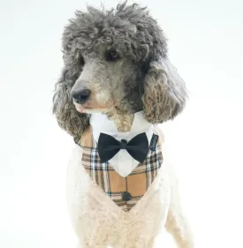 Dog Tuxedo Collar Bandana with Bow Tie, Adjustable Formal Dog Tux for Wedding Birthday Christmas Costume for Small Medium Large Dogs Cats (Khaki Tux, Large)