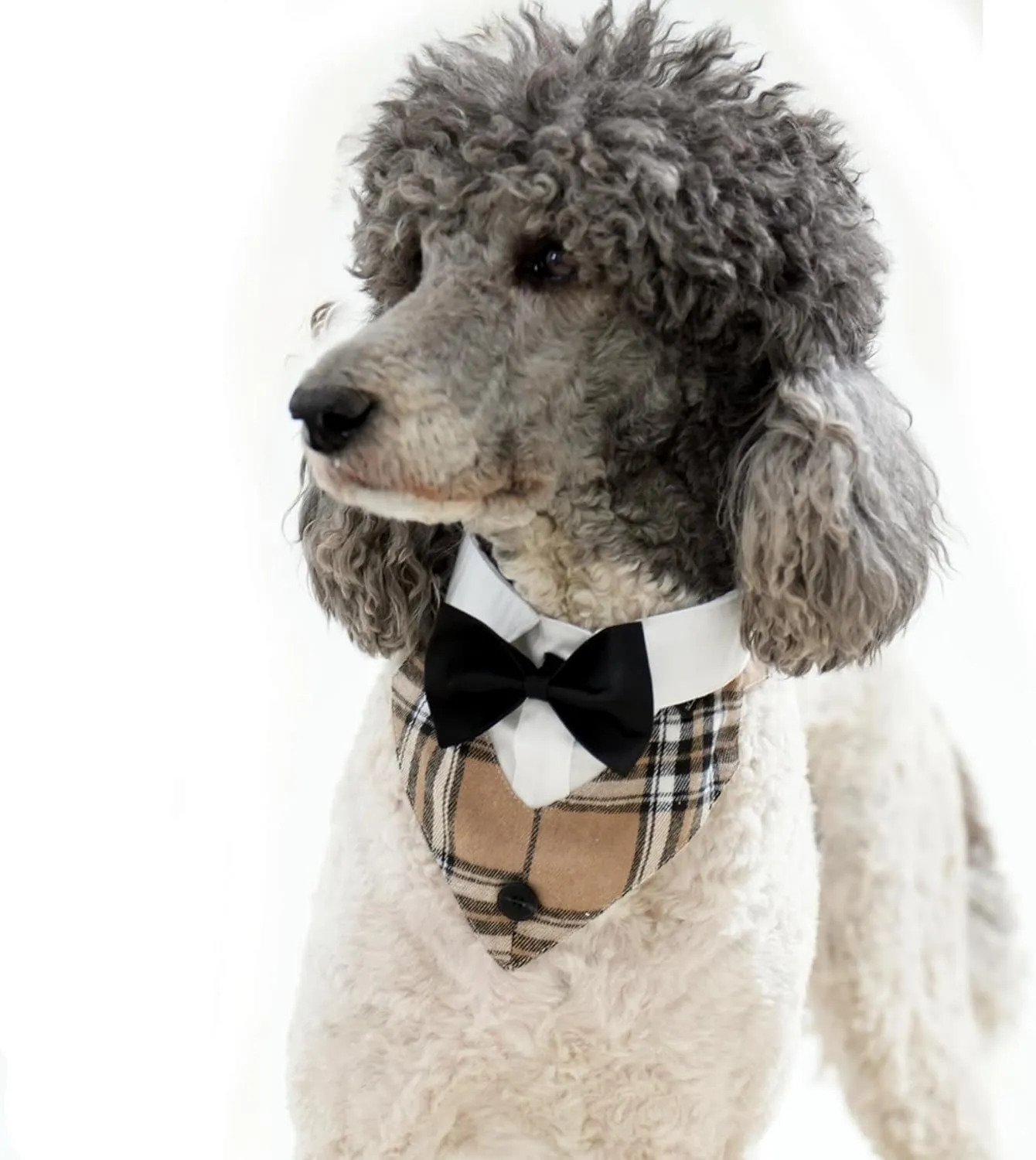 Dog Tuxedo Collar Bandana with Bow Tie, Adjustable Formal Dog Tux for Wedding Birthday Christmas Costume for Small Medium Large Dogs Cats (Khaki Tux, Large)