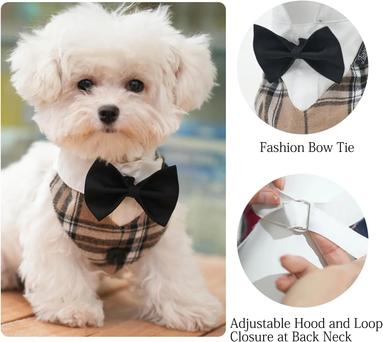 Dog Tuxedo Collar Bandana with Bow Tie, Adjustable Formal Dog Tux for Wedding Birthday Christmas Costume for Small Medium Large Dogs Cats (Khaki Tux, Large)