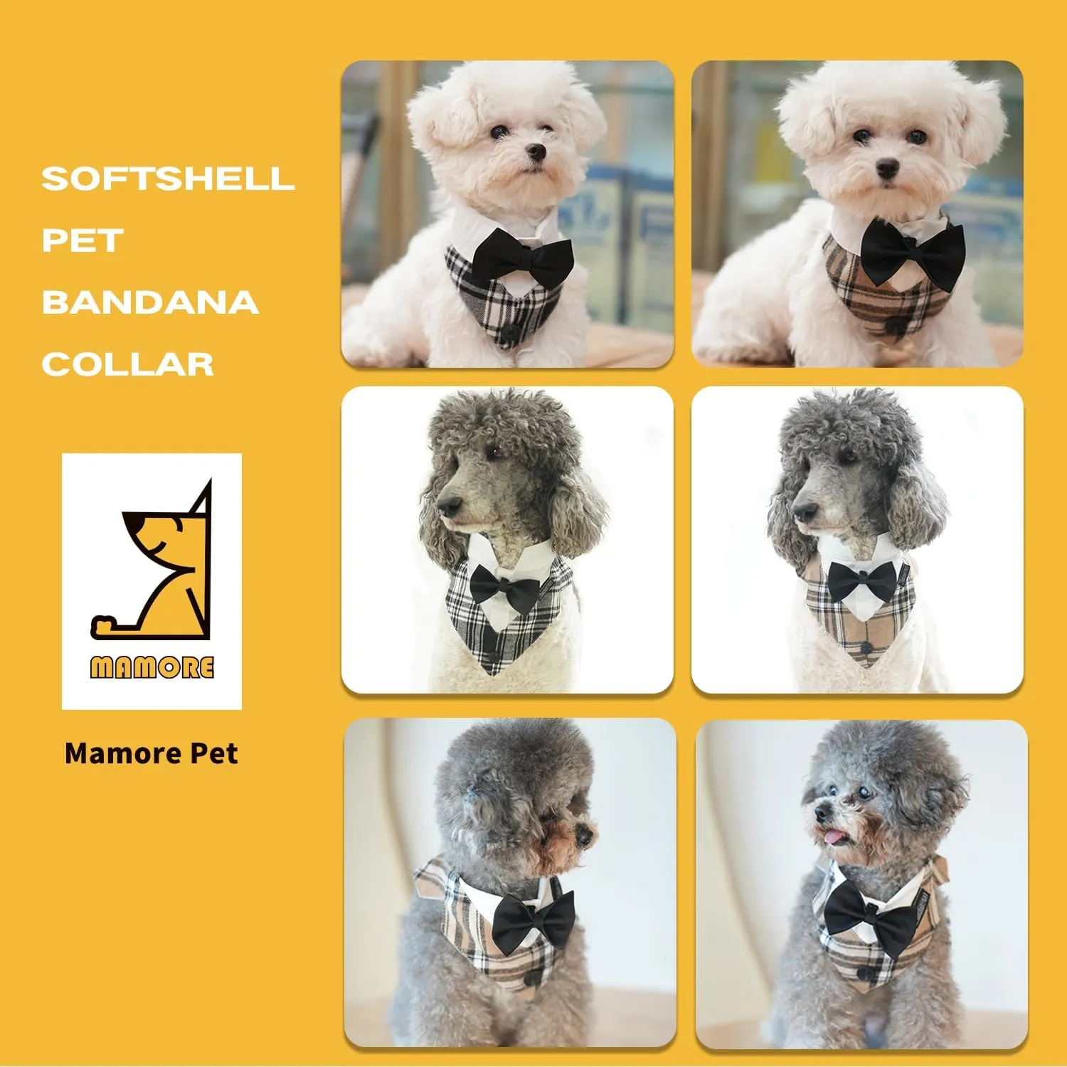 Dog Tuxedo Collar Bandana with Bow Tie, Adjustable Formal Dog Tux for Wedding Birthday Christmas Costume for Small Medium Large Dogs Cats (Khaki Tux, Large)