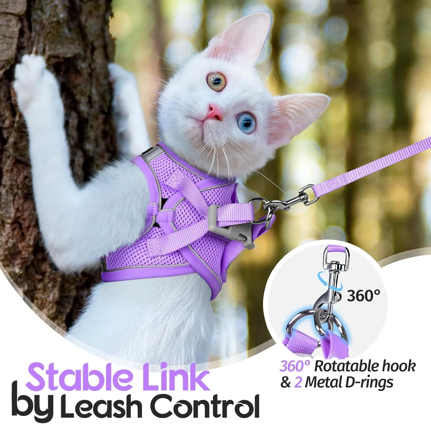 Dooradar Cat Harness and Leash Set, Escape Proof Lightweight Kitten Harness, Soft Breathable Reflective Vest for Outdoor Walking Traveling, Adjustable for Small Cats, Grey & Purple, S