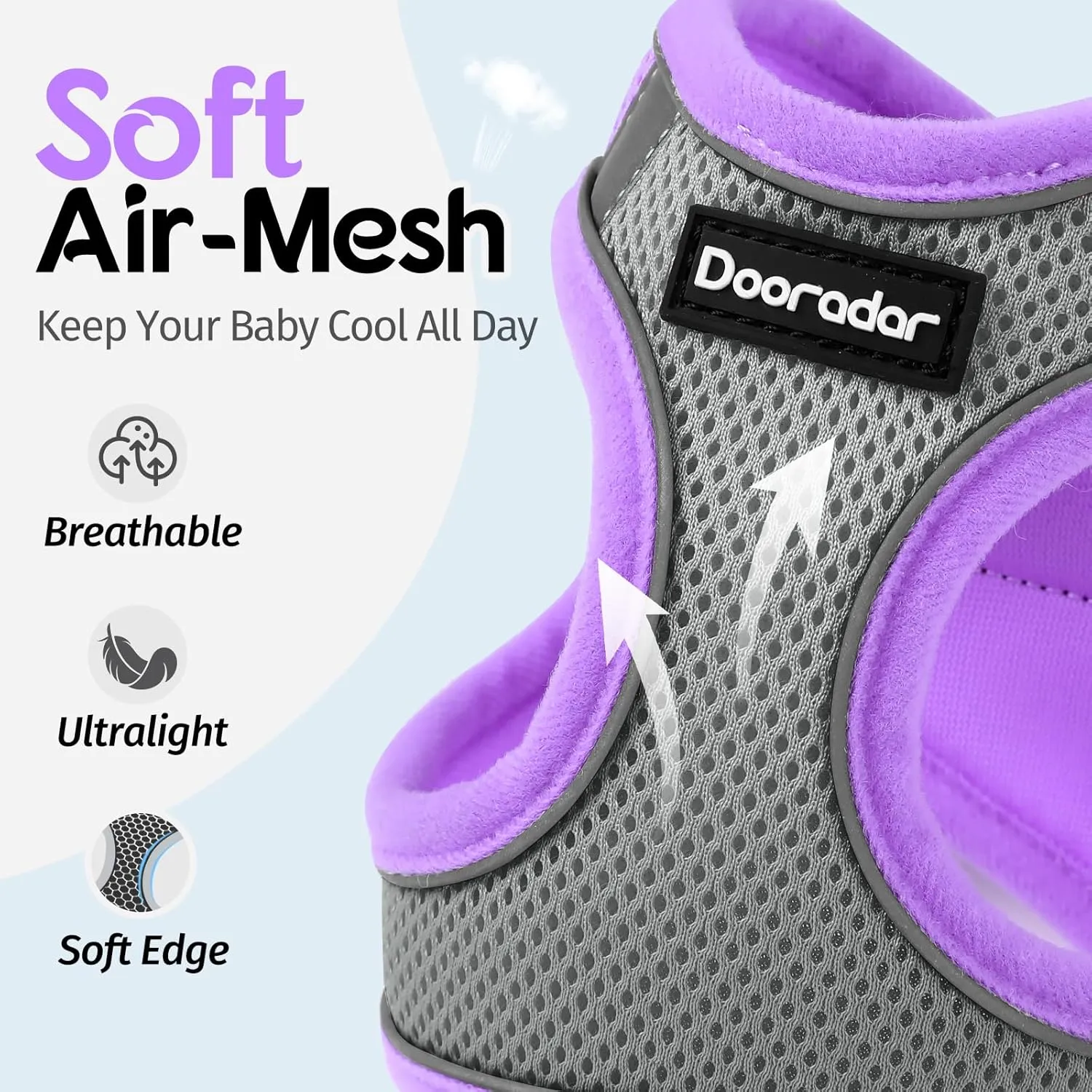 Dooradar Cat Harness and Leash Set, Escape Proof Lightweight Kitten Harness, Soft Breathable Reflective Vest for Outdoor Walking Traveling, Adjustable for Small Cats, Grey & Purple, S
