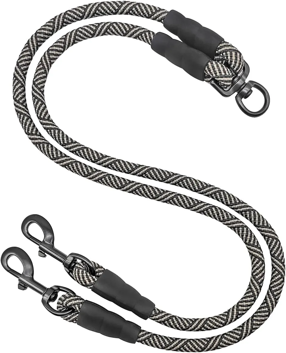 Double Dog Leash Coupler, Extension Rope for Two Dogs, No Tangle Dual Dog Lead Splitter for Large Medium Dogs up to 40 lbs (1/2" X 33"- Black)