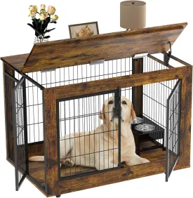 EasyCom Dog Crate Furniture, 41.33" Extra Large Dog Kennel Indoor with Top-Access Teasing/Feeding Door, Spacious Dog House Moveable Furniture-Style Dog Cage with Wheels-Brown