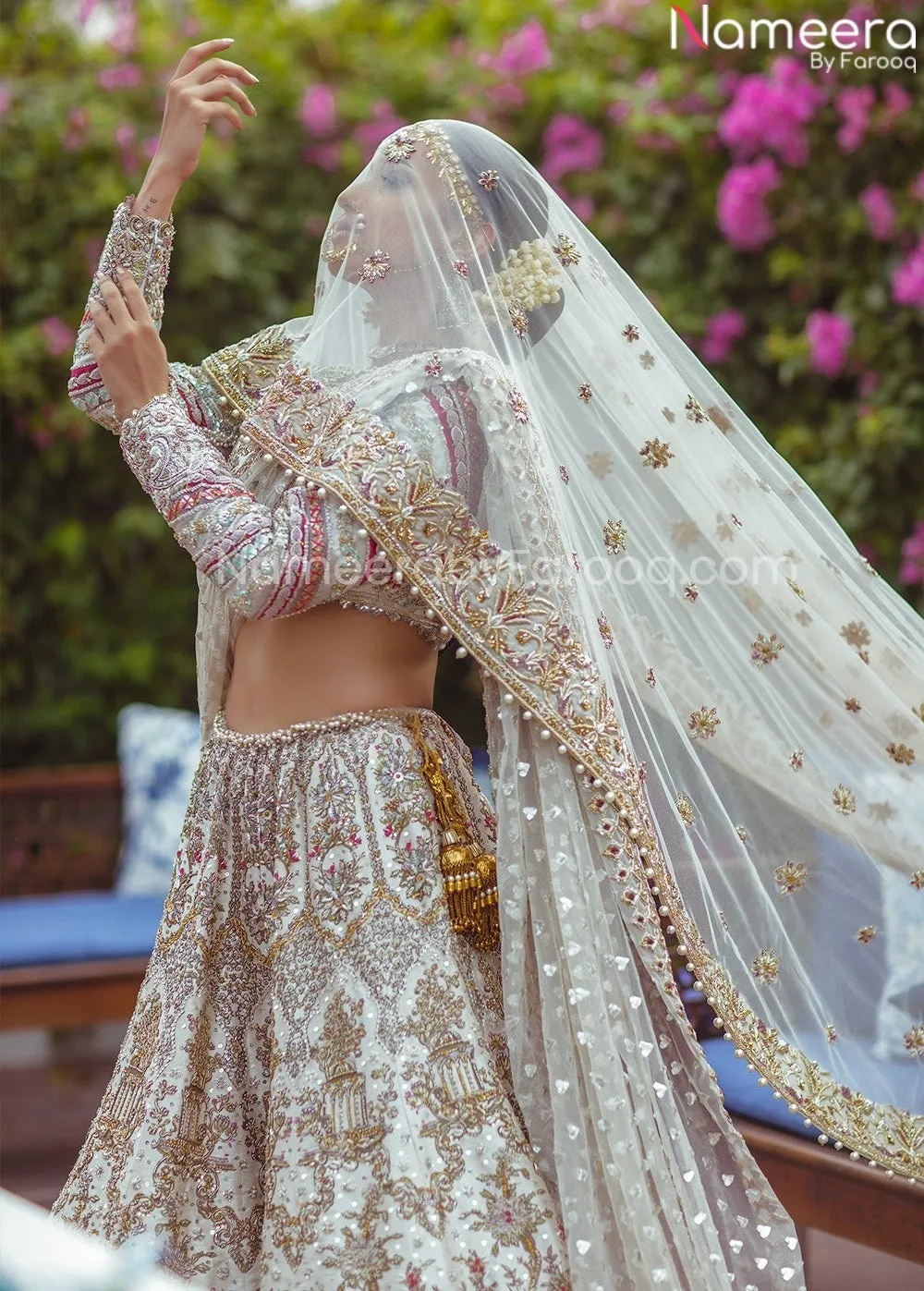 Embellished Designer Golden White Bridal Lehenga #BN834