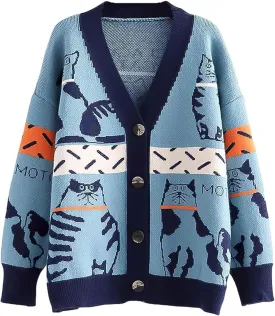 FindThy Womens Oversized Cat Embroidery Cute Cardigan Long Sleeved V Neck Knit Sweater Kawaii Clothes Cartoon Coat