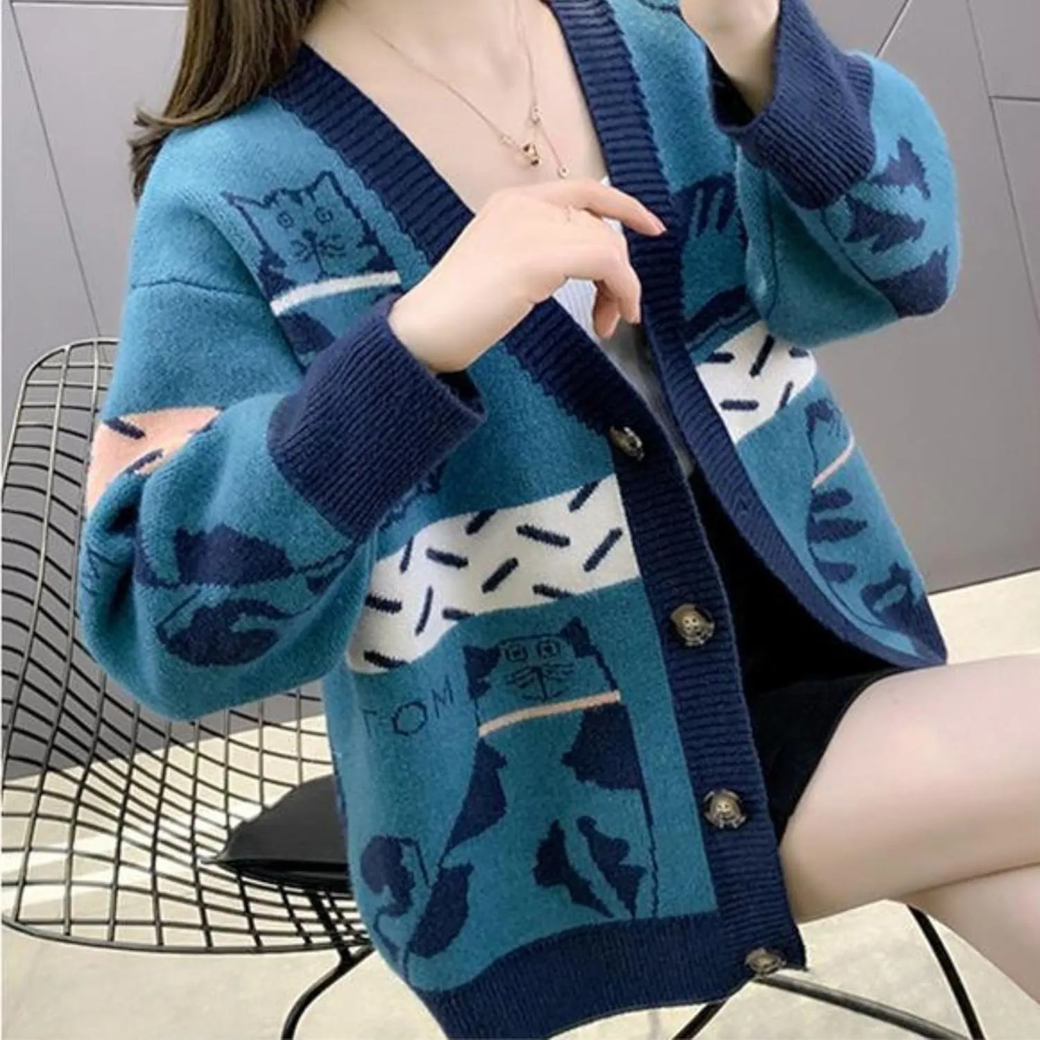 FindThy Womens Oversized Cat Embroidery Cute Cardigan Long Sleeved V Neck Knit Sweater Kawaii Clothes Cartoon Coat