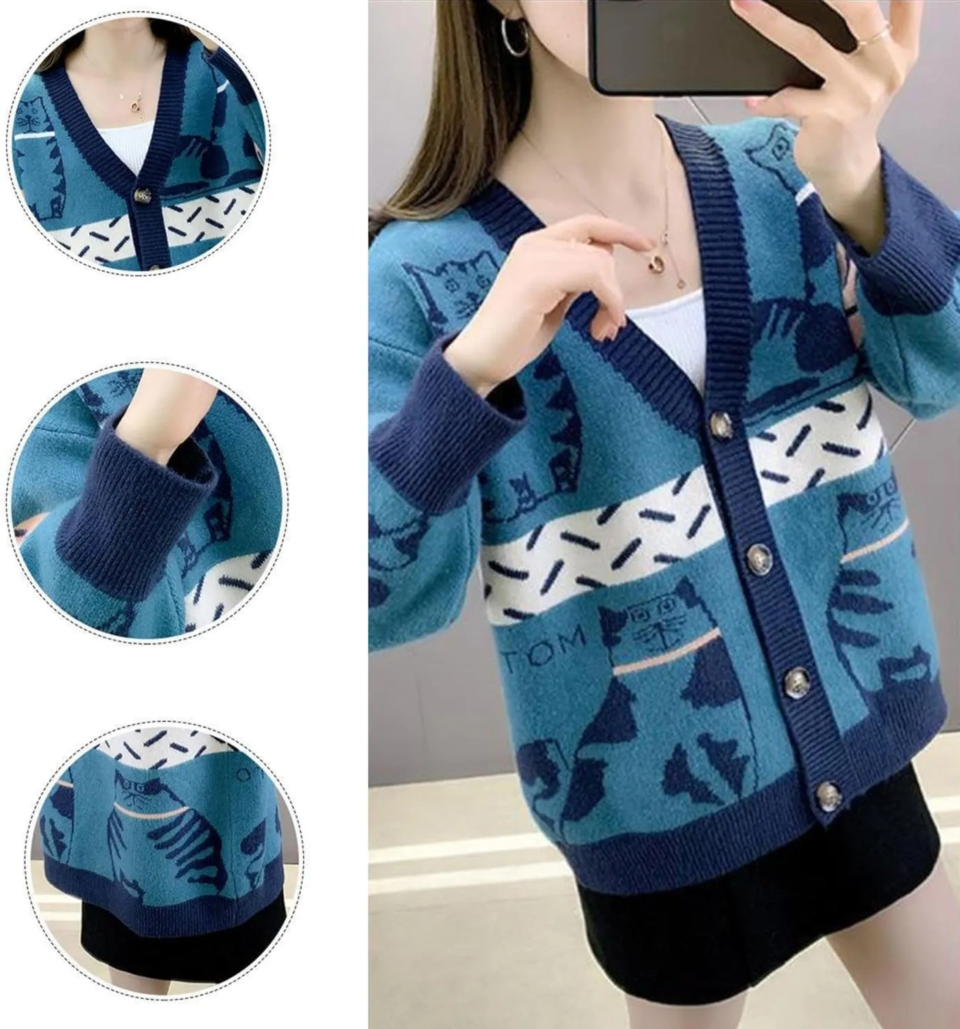FindThy Womens Oversized Cat Embroidery Cute Cardigan Long Sleeved V Neck Knit Sweater Kawaii Clothes Cartoon Coat
