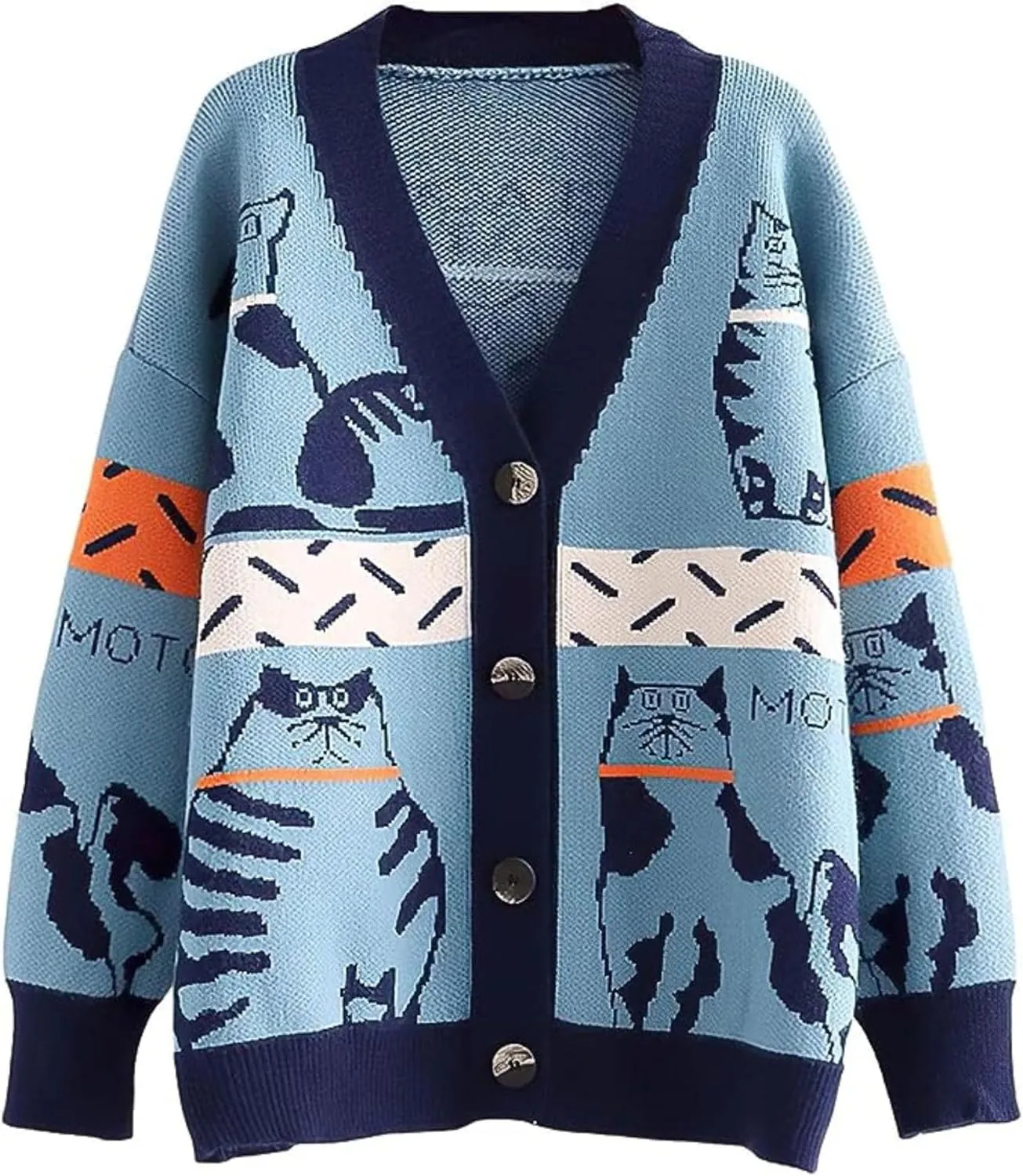 FindThy Womens Oversized Cat Embroidery Cute Cardigan Long Sleeved V Neck Knit Sweater Kawaii Clothes Cartoon Coat
