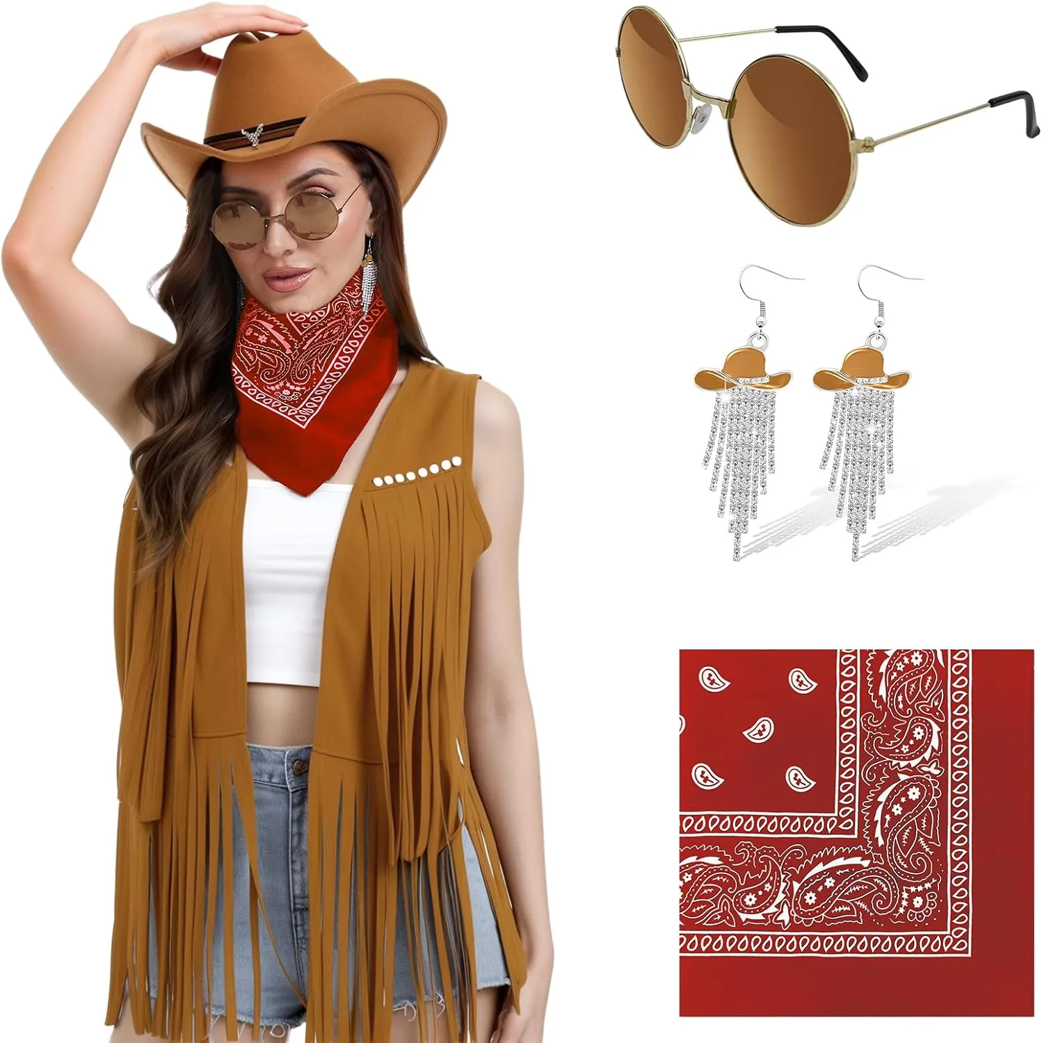 FunMular Western Outfit for Women Cowgirl Outfit Costume Accessories Cowboy Hat Fringe Vest Earring Bandana for Halloween