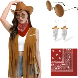 FunMular Western Outfit for Women Cowgirl Outfit Costume Accessories Cowboy Hat Fringe Vest Earring Bandana for Halloween