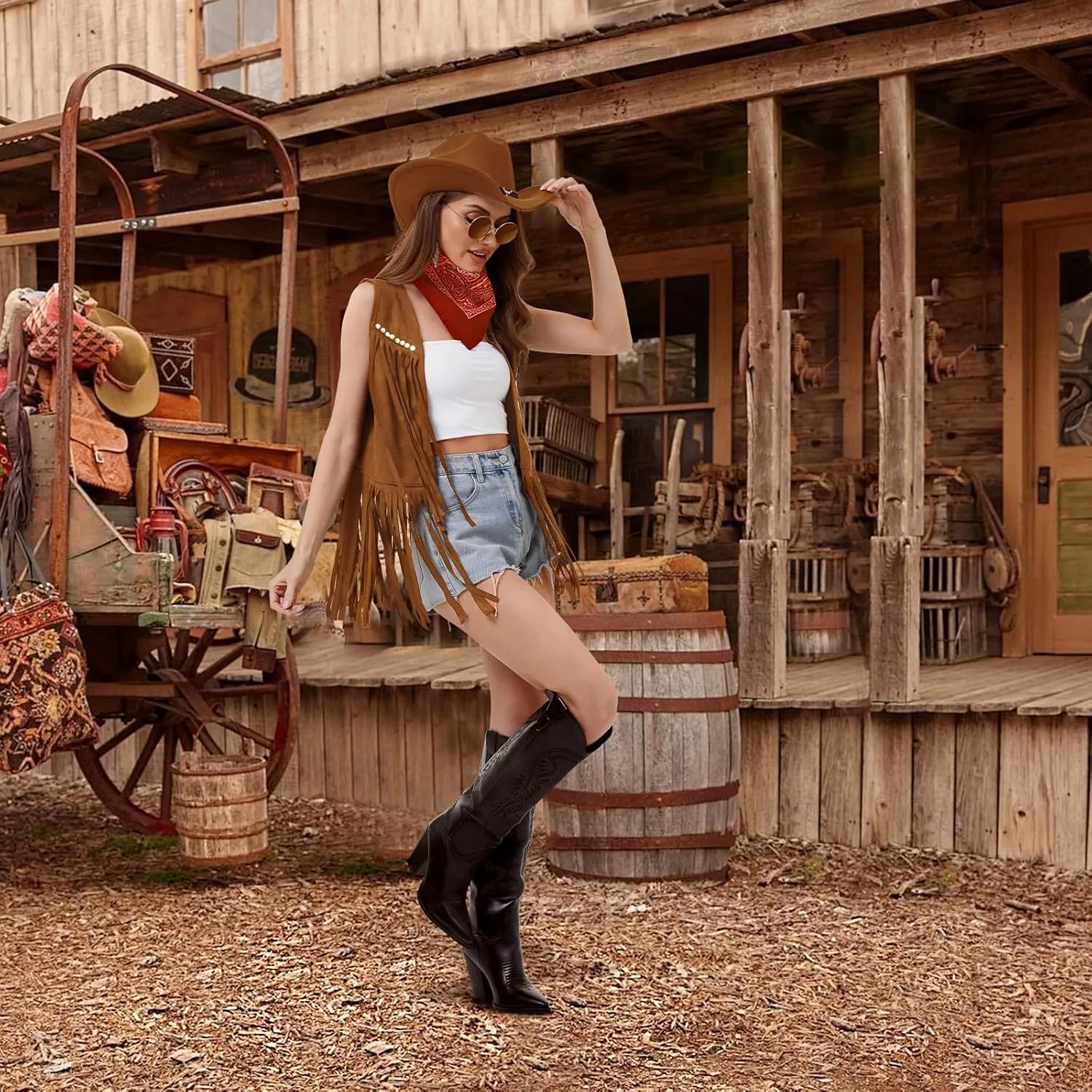 FunMular Western Outfit for Women Cowgirl Outfit Costume Accessories Cowboy Hat Fringe Vest Earring Bandana for Halloween