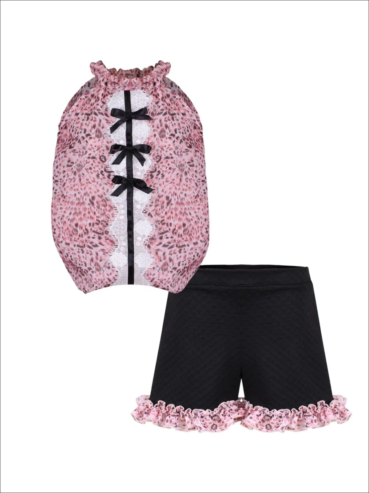 Girls Ruched Halter Neck Trimmed Tuxedo Top And Ruffled Short Set