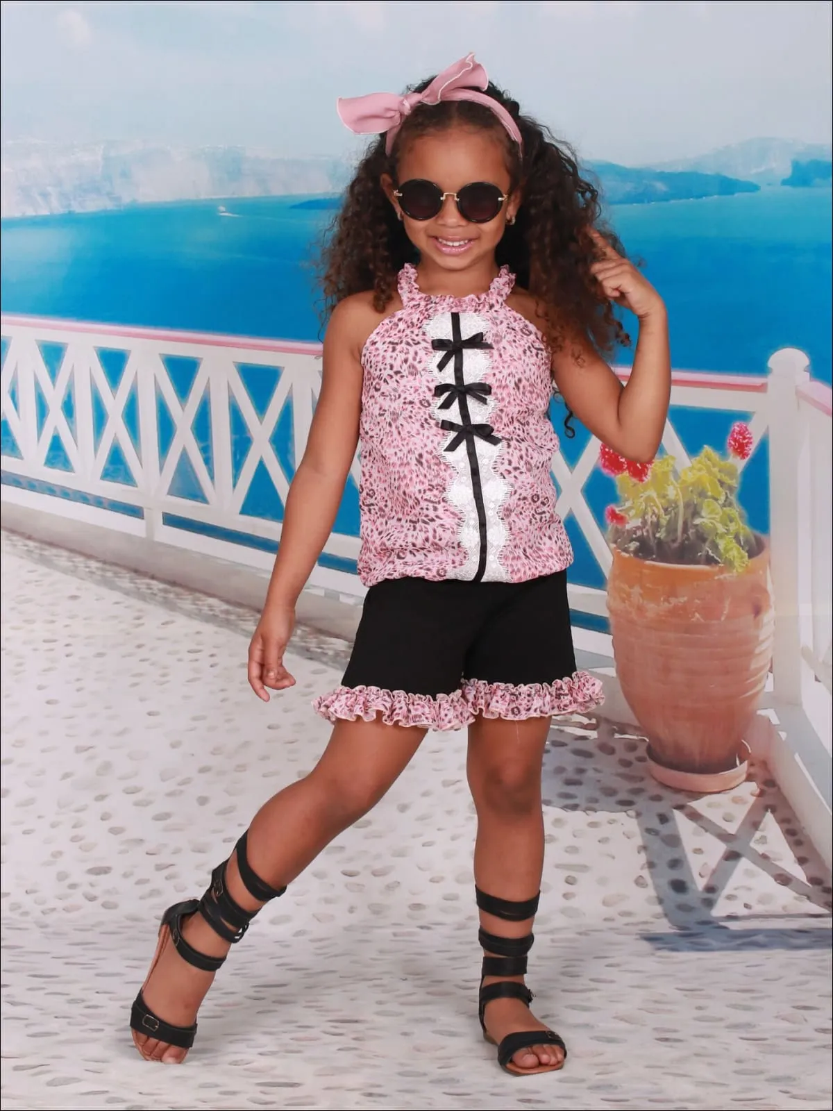 Girls Ruched Halter Neck Trimmed Tuxedo Top And Ruffled Short Set